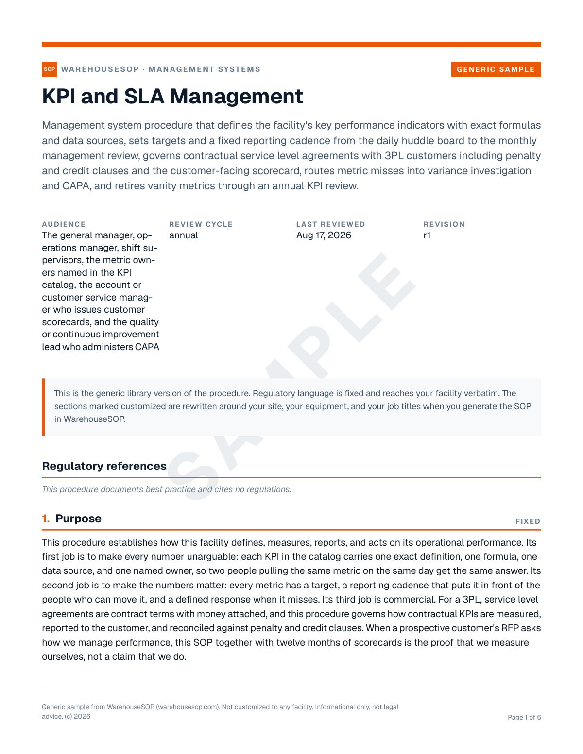 KPI and SLA Management SOP template, page 1 preview