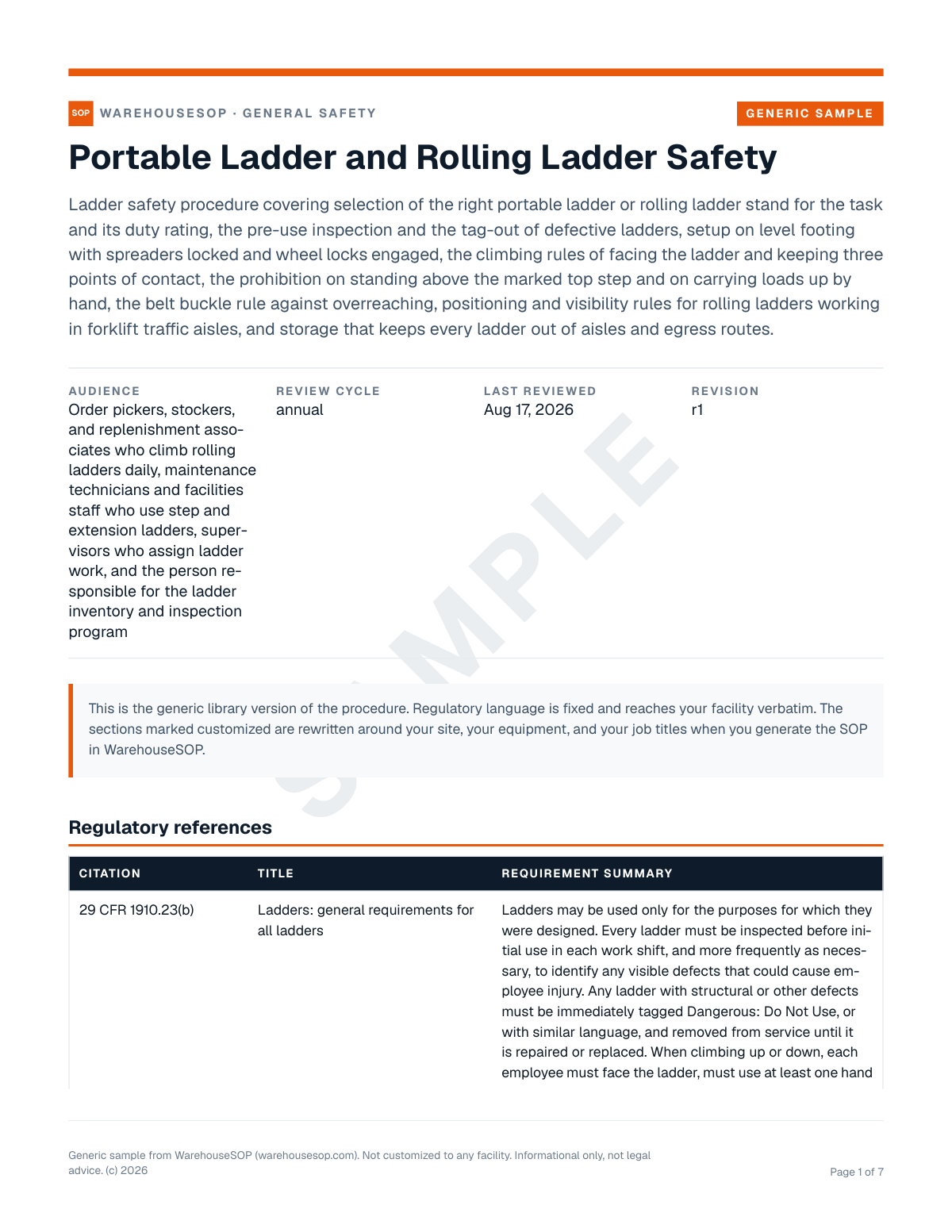 Portable Ladder and Rolling Ladder Safety SOP template, page 1 preview