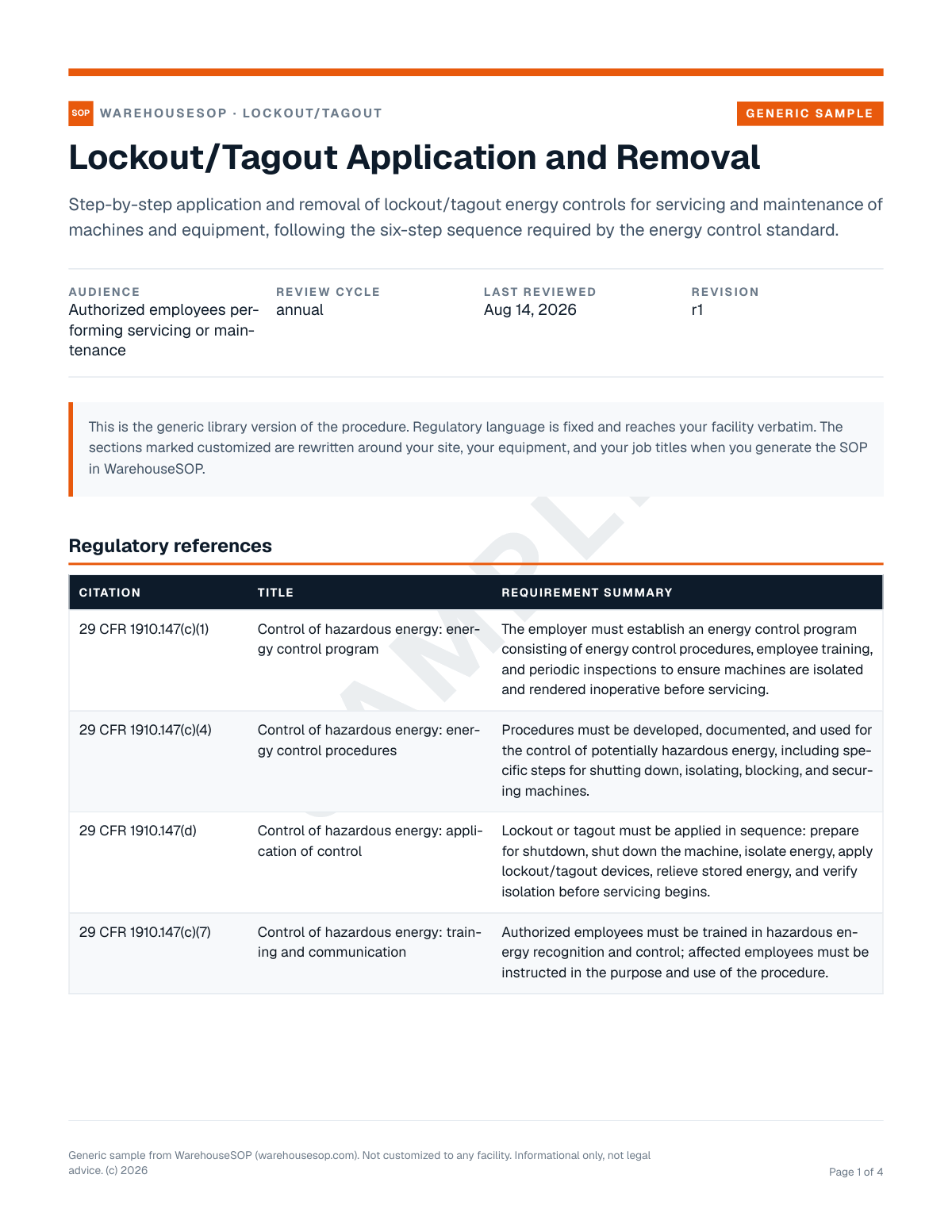 Lockout/Tagout Application and Removal SOP template, page 1 preview