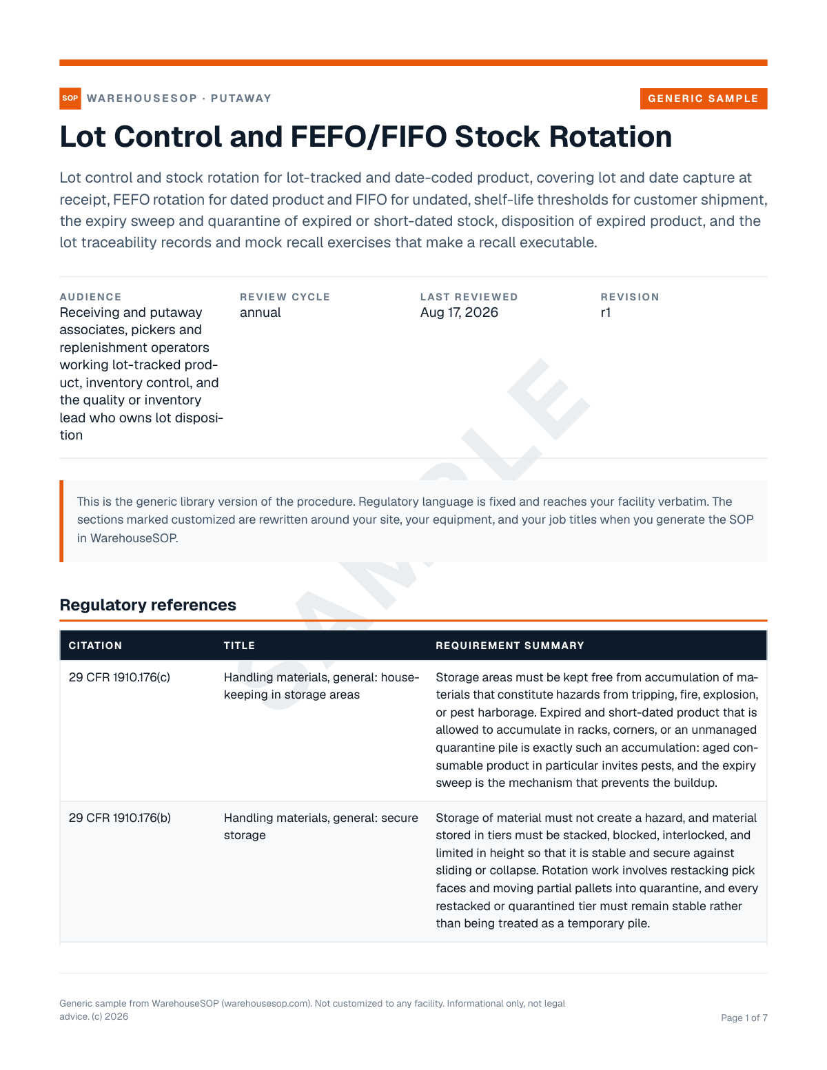Lot Control and FEFO/FIFO Stock Rotation SOP template, page 1 preview