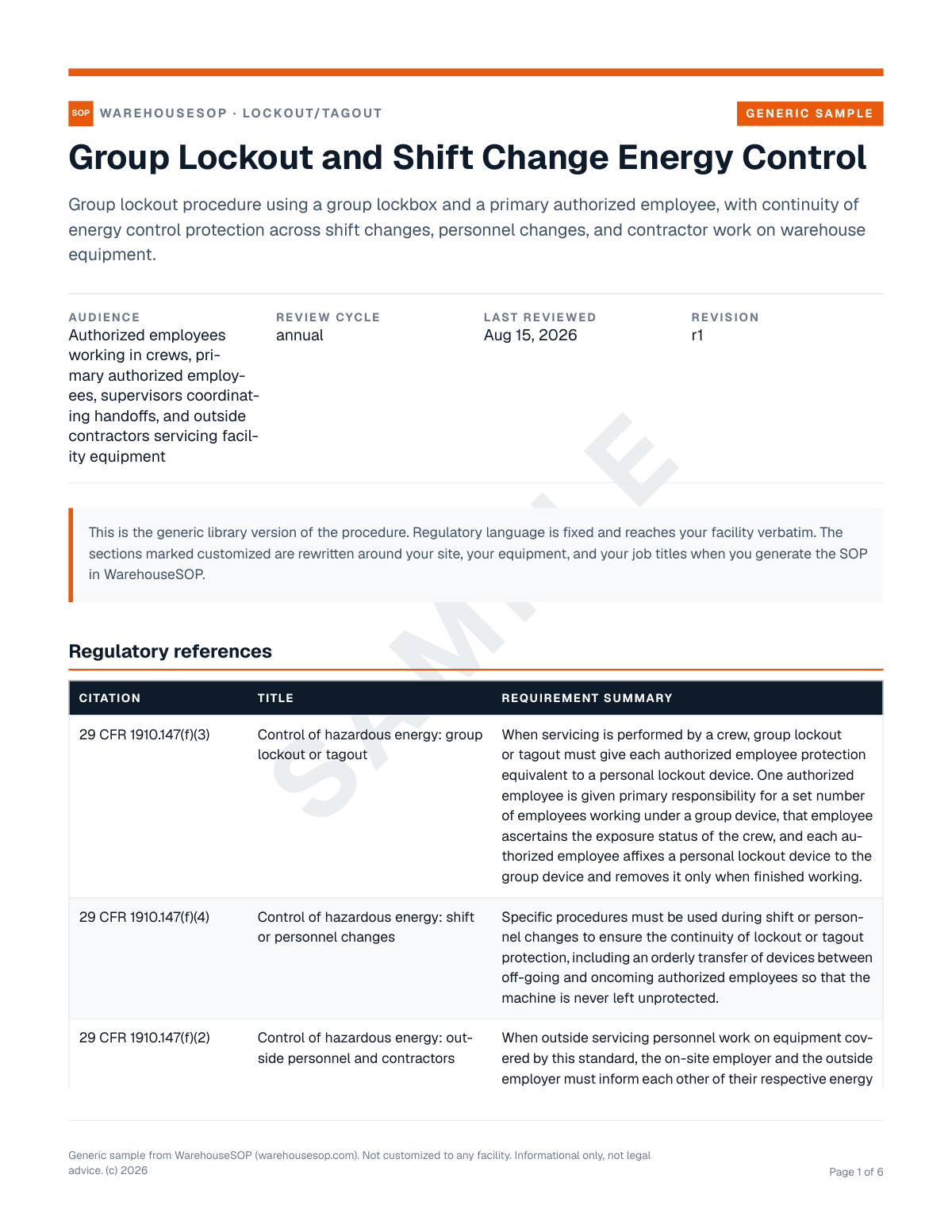 Group Lockout and Shift Change Energy Control SOP template, page 1 preview