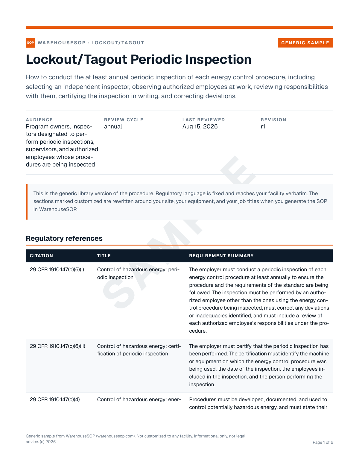 Lockout/Tagout Periodic Inspection SOP template, page 1 preview