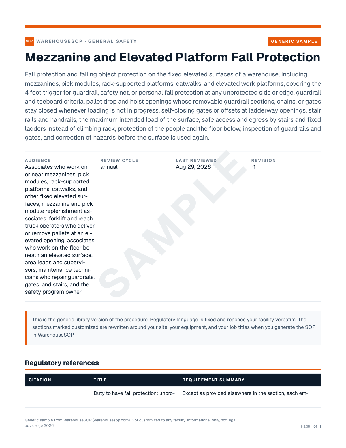 Mezzanine and Elevated Platform Fall Protection SOP template, page 1 preview