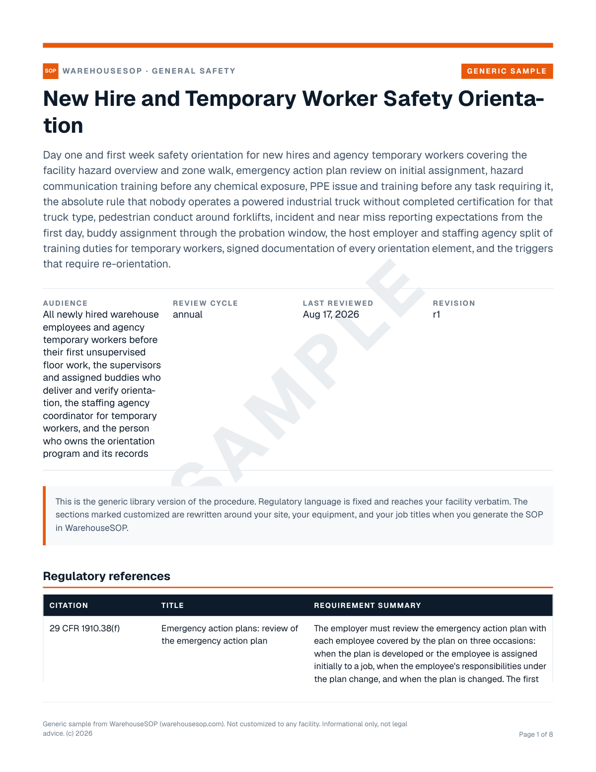 New Hire and Temporary Worker Safety Orientation SOP template, page 1 preview