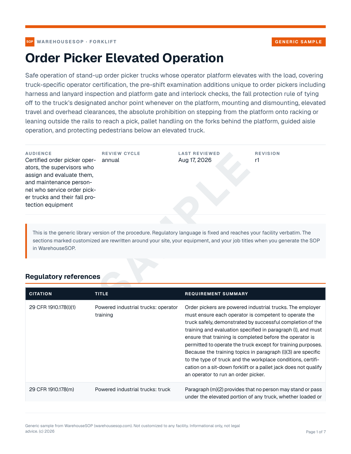 Order Picker Elevated Operation SOP template, page 1 preview