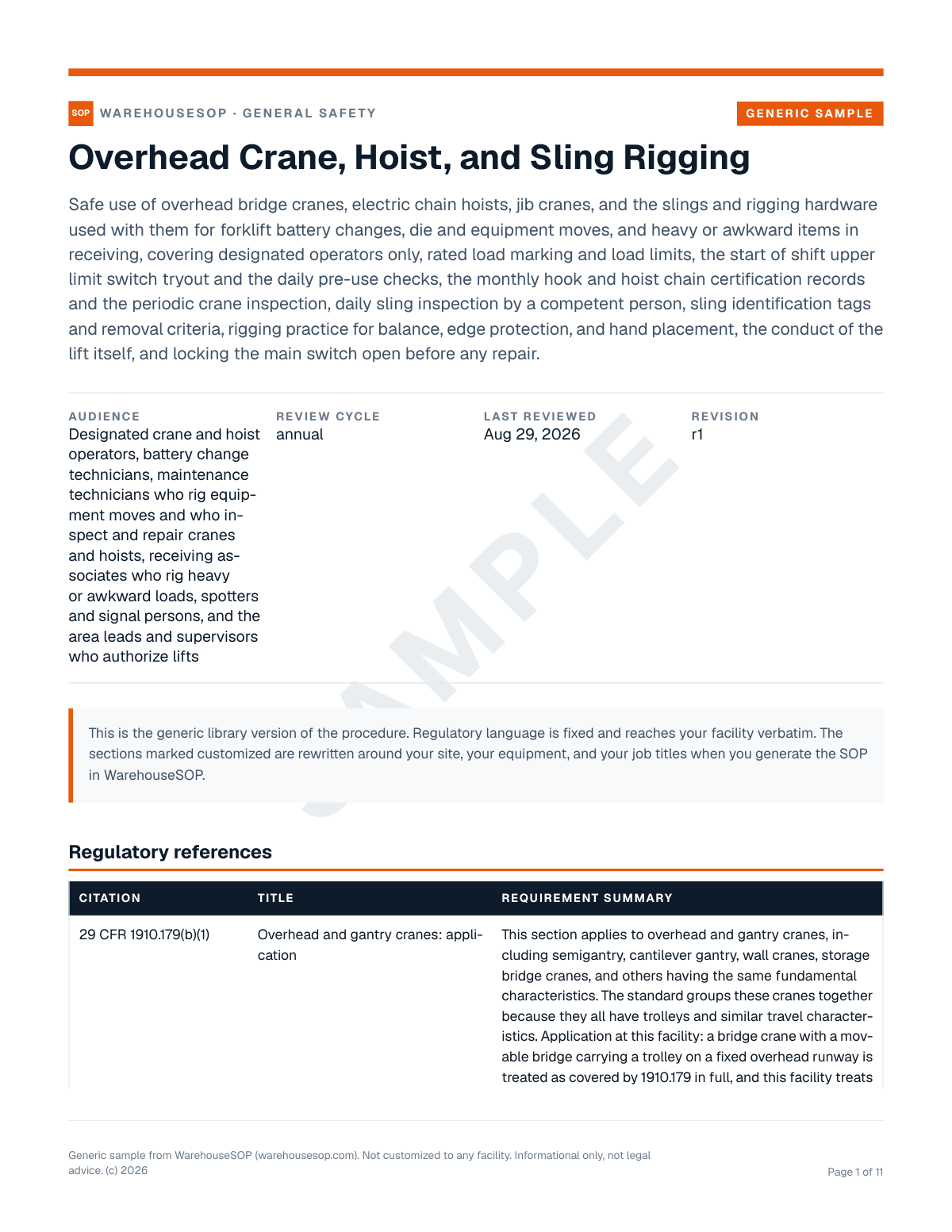 Overhead Crane, Hoist, and Sling Rigging SOP template, page 1 preview