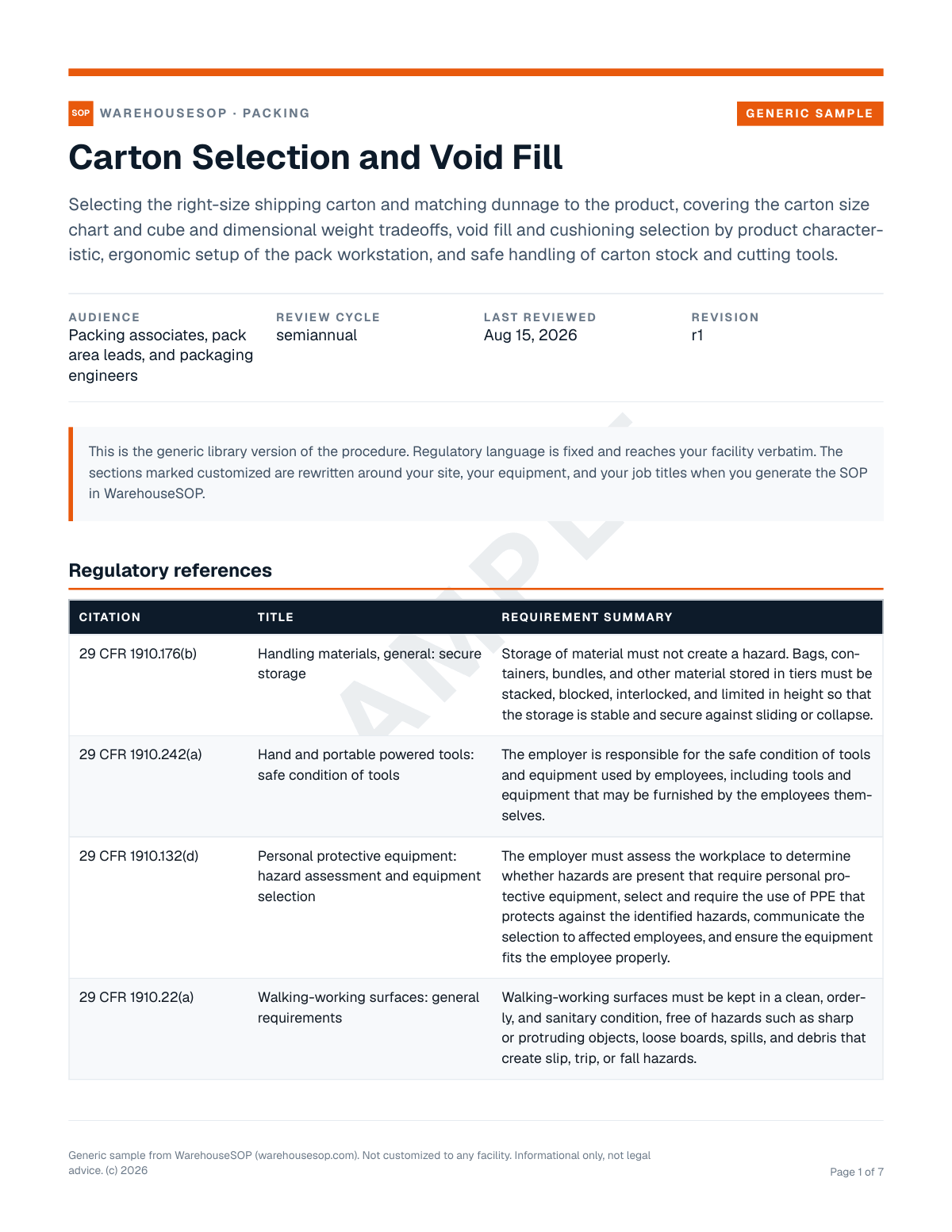 Carton Selection and Void Fill SOP template, page 1 preview