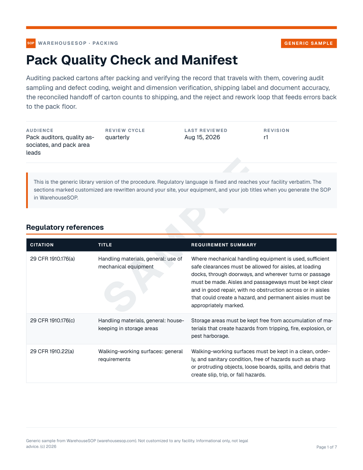 Pack Quality Check and Manifest SOP template, page 1 preview
