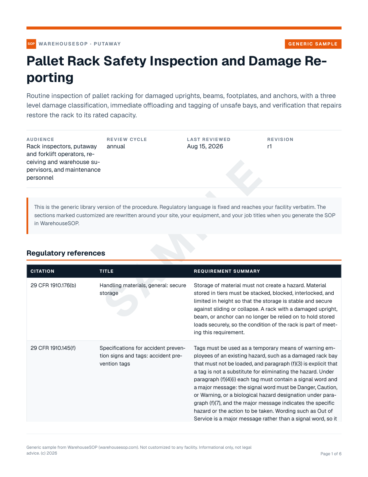 Pallet Rack Safety Inspection and Damage Reporting SOP template, page 1 preview