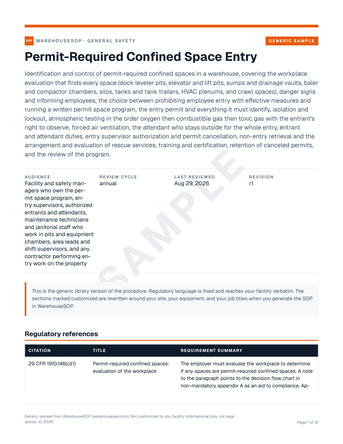 Permit-Required Confined Space Entry SOP template, page 1 preview