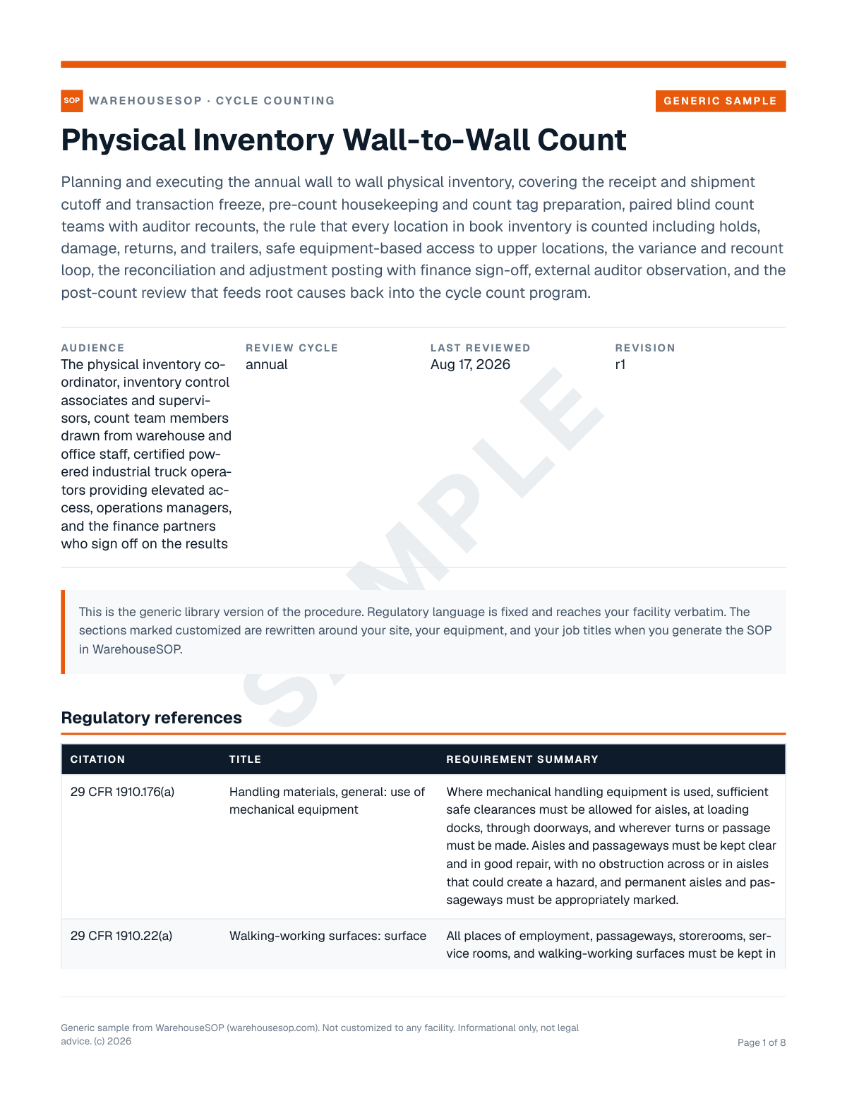 Physical Inventory Wall-to-Wall Count SOP template, page 1 preview