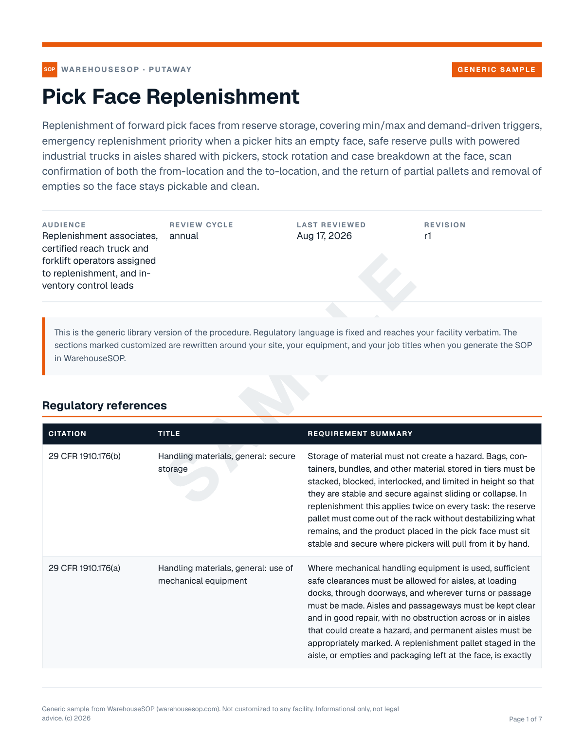 Pick Face Replenishment SOP template, page 1 preview