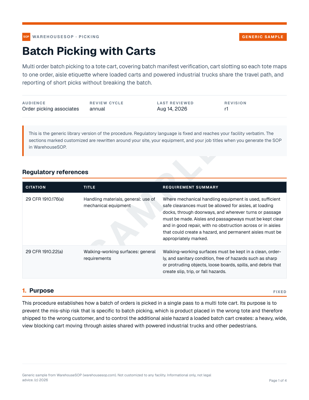 Batch Picking with Carts SOP template, page 1 preview