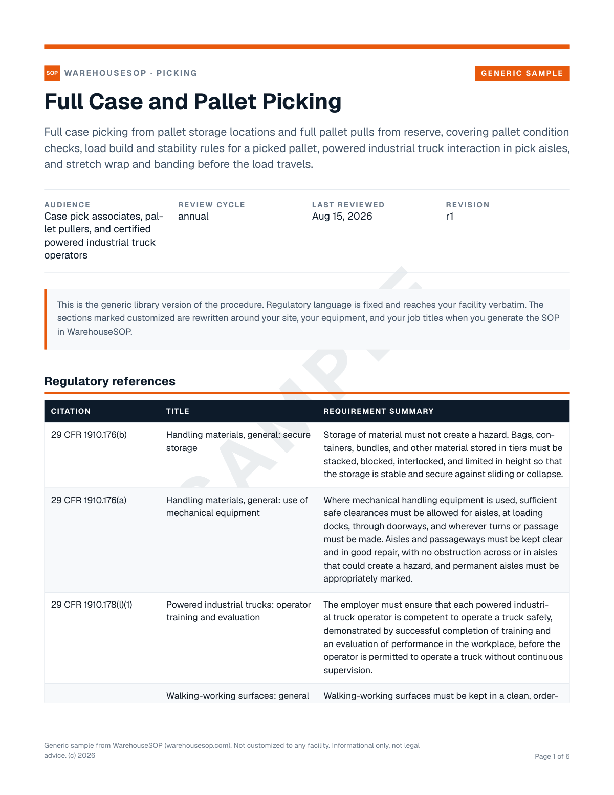 Full Case and Pallet Picking SOP template, page 1 preview