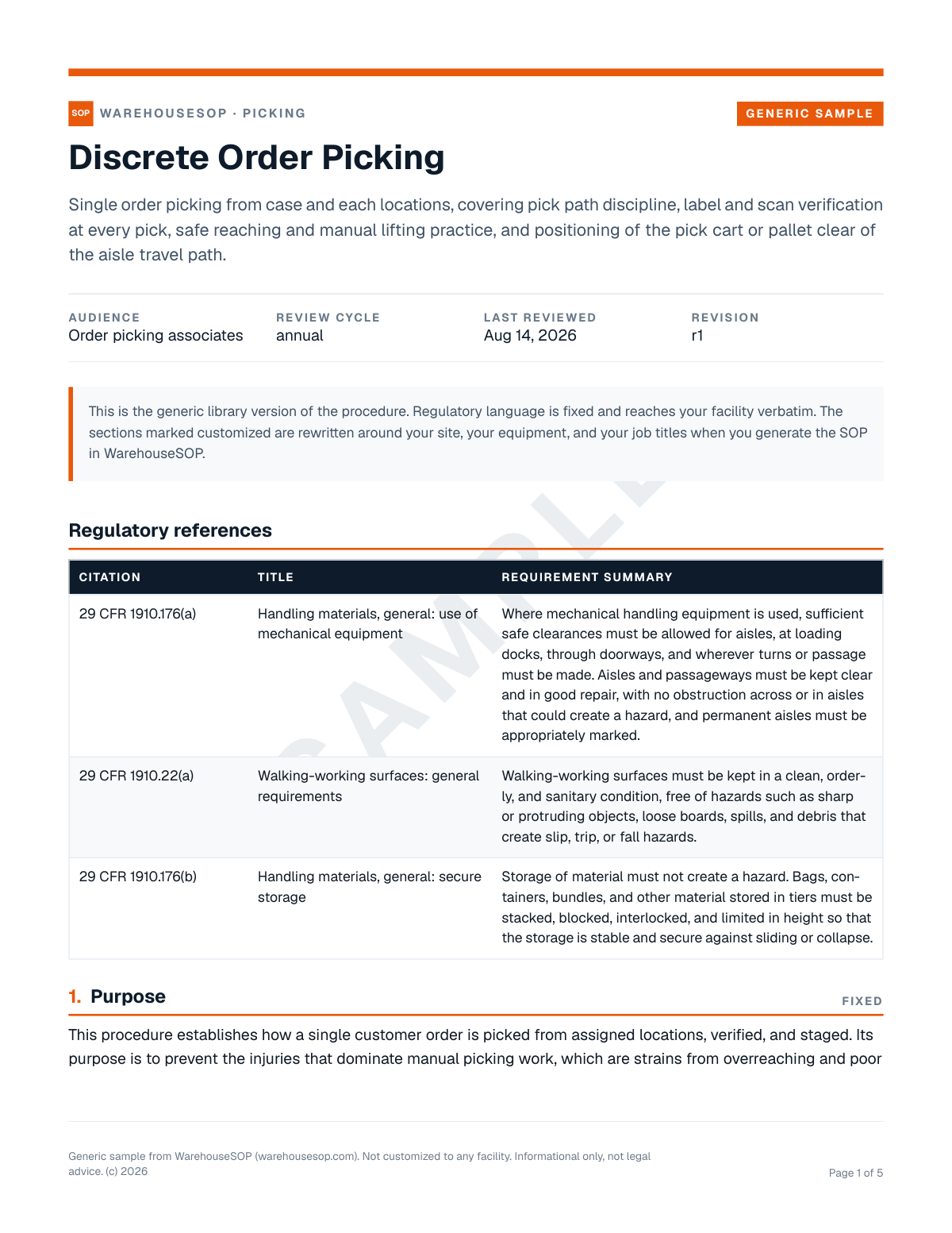Discrete Order Picking SOP template, page 1 preview