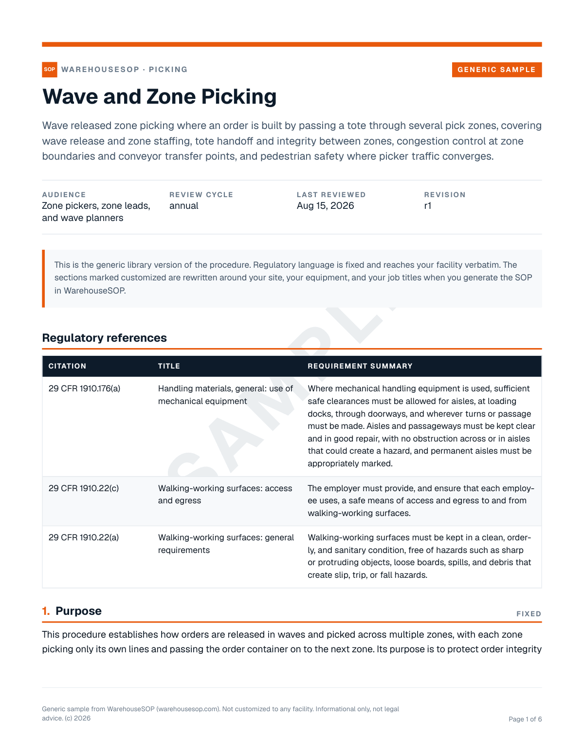 Wave and Zone Picking SOP template, page 1 preview