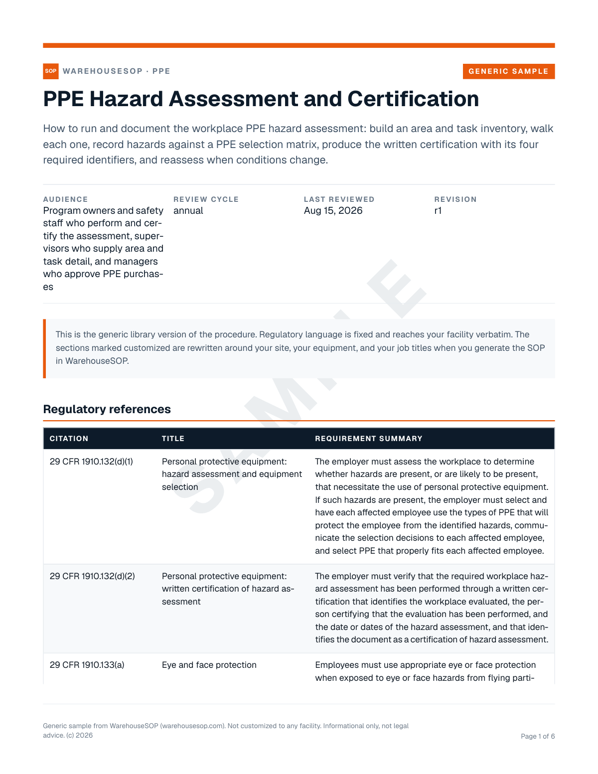 PPE Hazard Assessment and Certification SOP template, page 1 preview