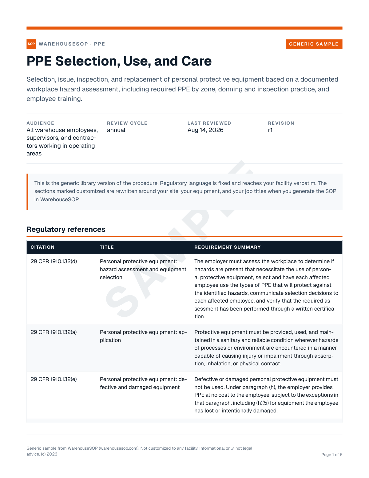 PPE Selection, Use, and Care SOP template, page 1 preview