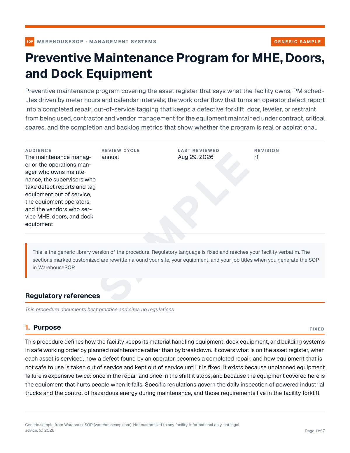 Preventive Maintenance Program for MHE, Doors, and Dock Equipment SOP template, page 1 preview