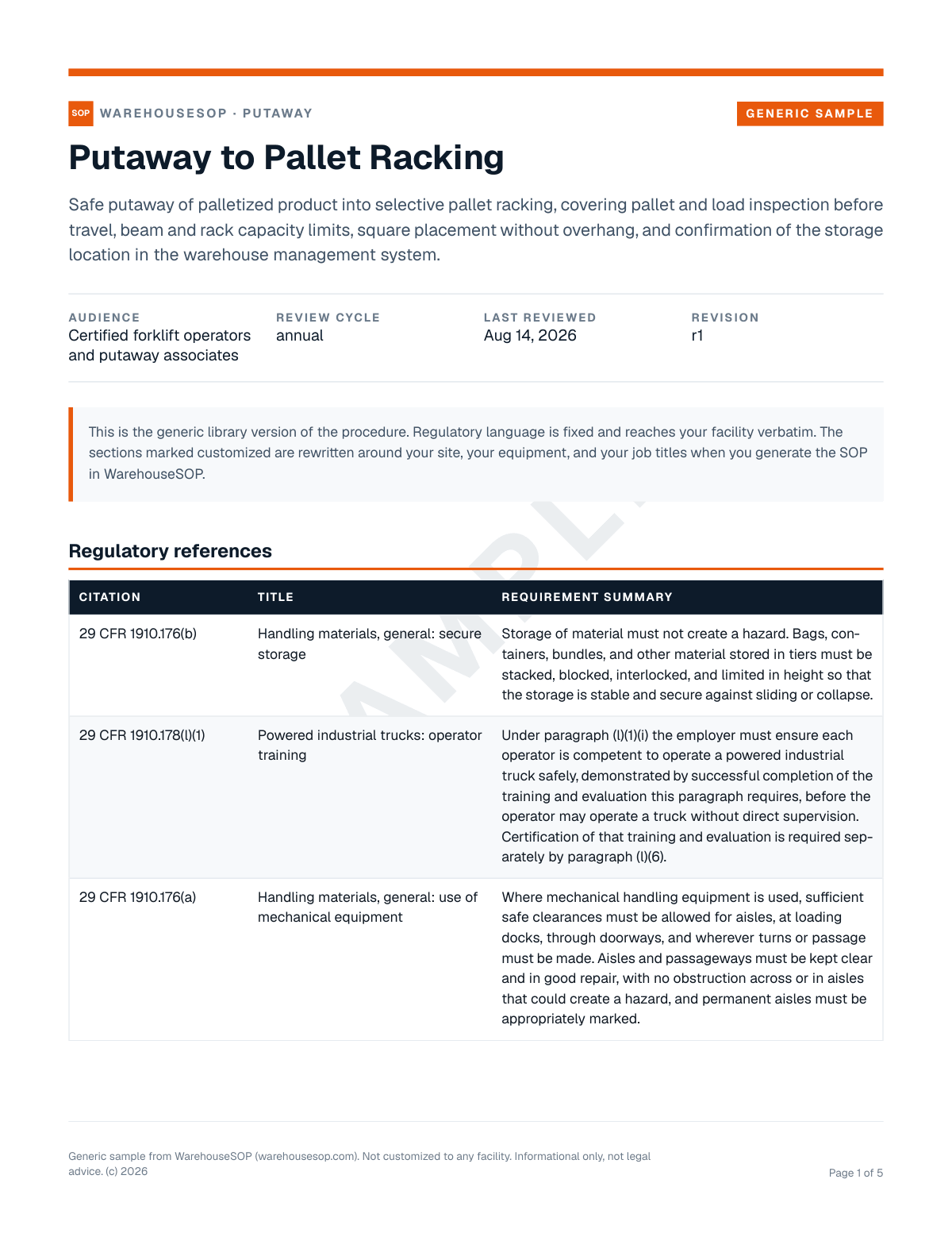 Putaway to Pallet Racking SOP template, page 1 preview