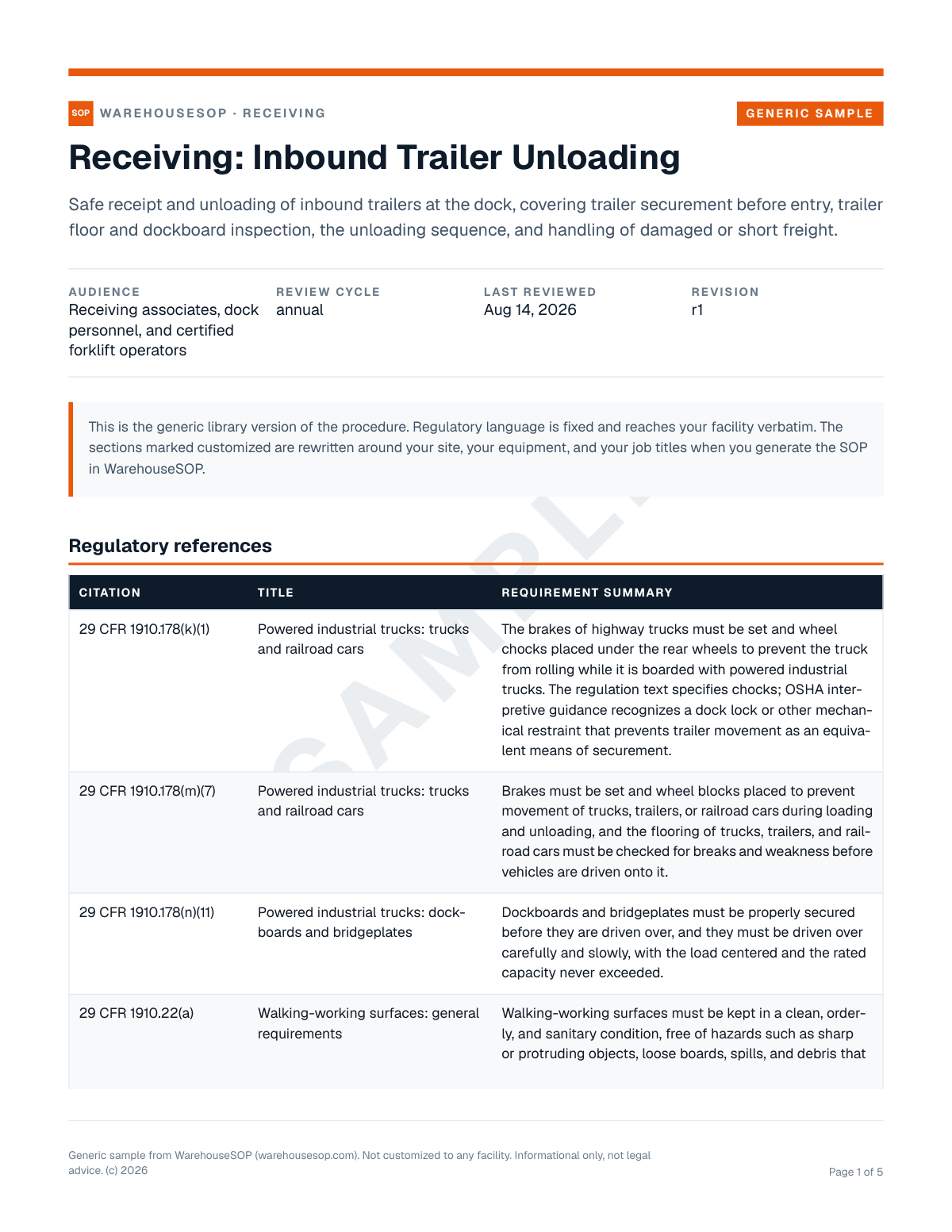 Receiving: Inbound Trailer Unloading SOP template, page 1 preview