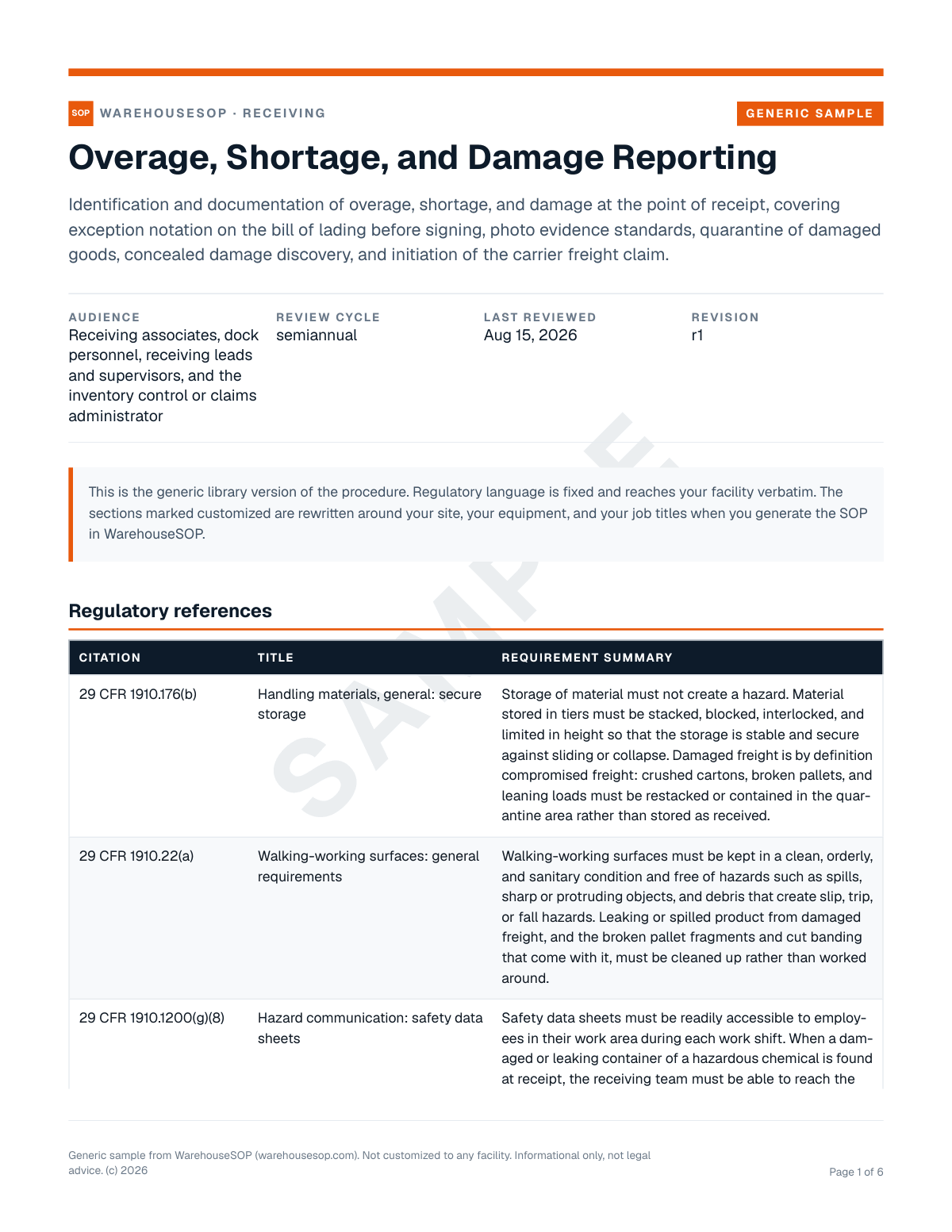 Overage, Shortage, and Damage Reporting SOP template, page 1 preview