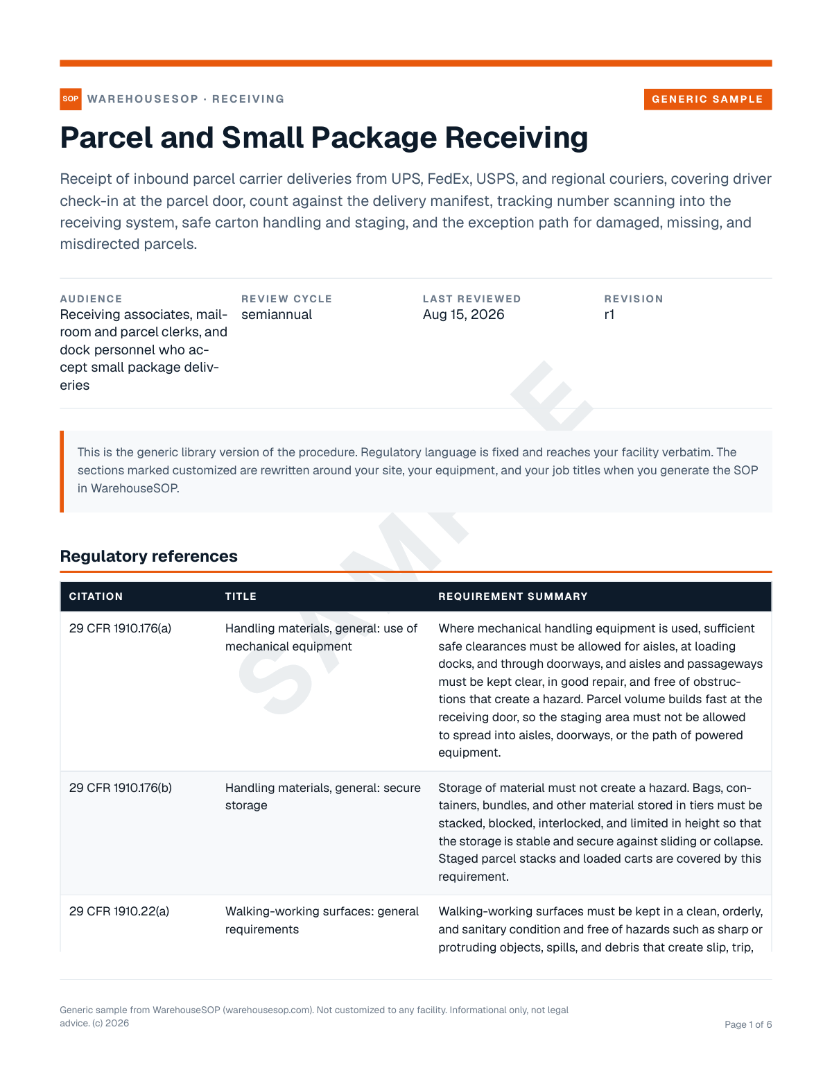 Parcel and Small Package Receiving SOP template, page 1 preview