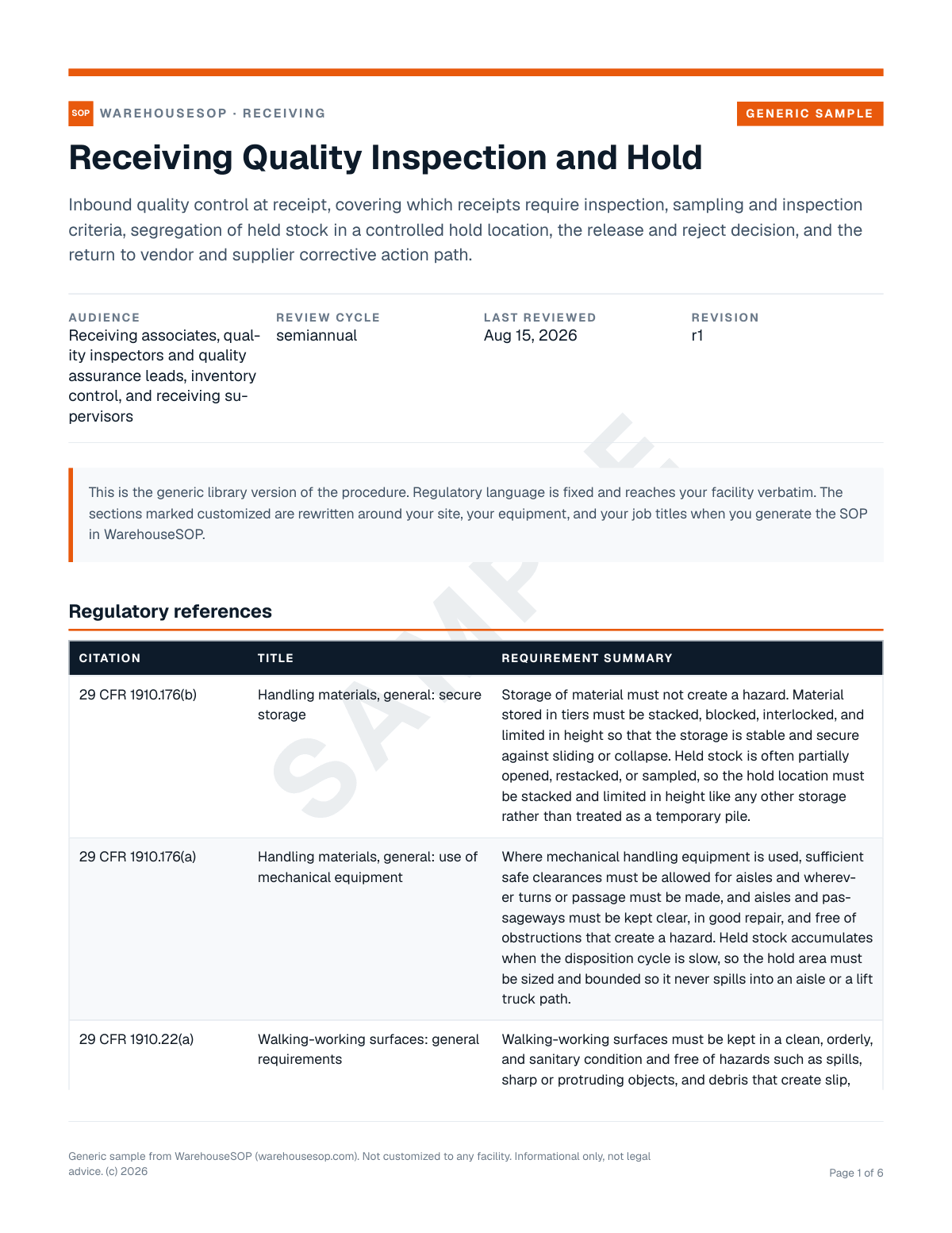 Receiving Quality Inspection and Hold SOP template, page 1 preview