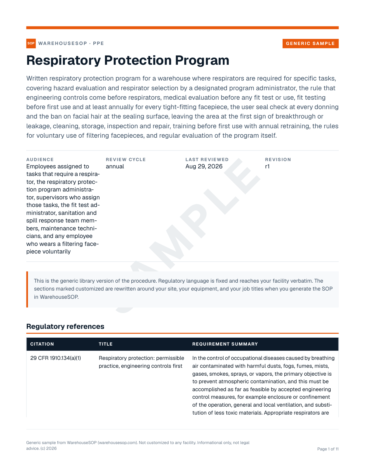 Respiratory Protection Program SOP template, page 1 preview