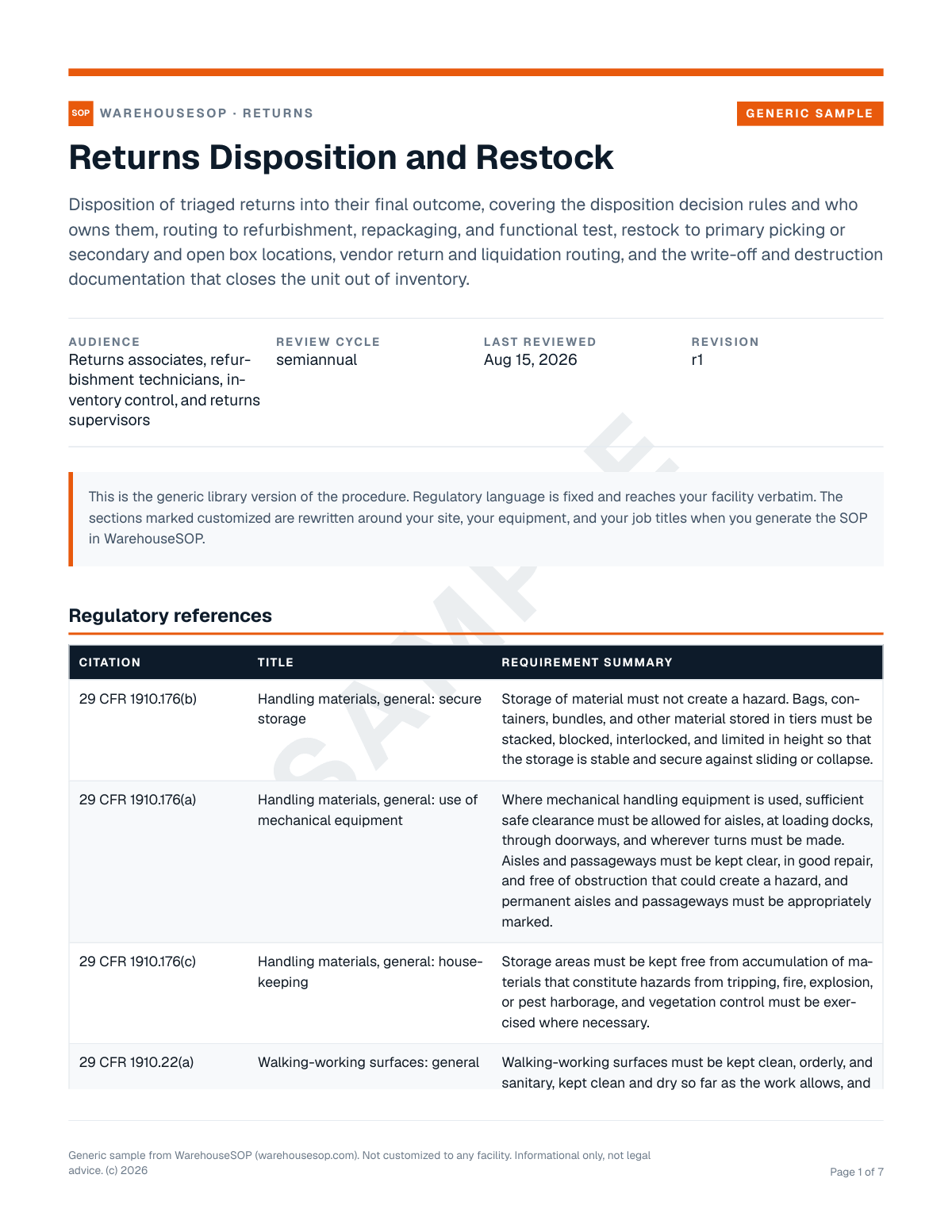 Returns Disposition and Restock SOP template, page 1 preview