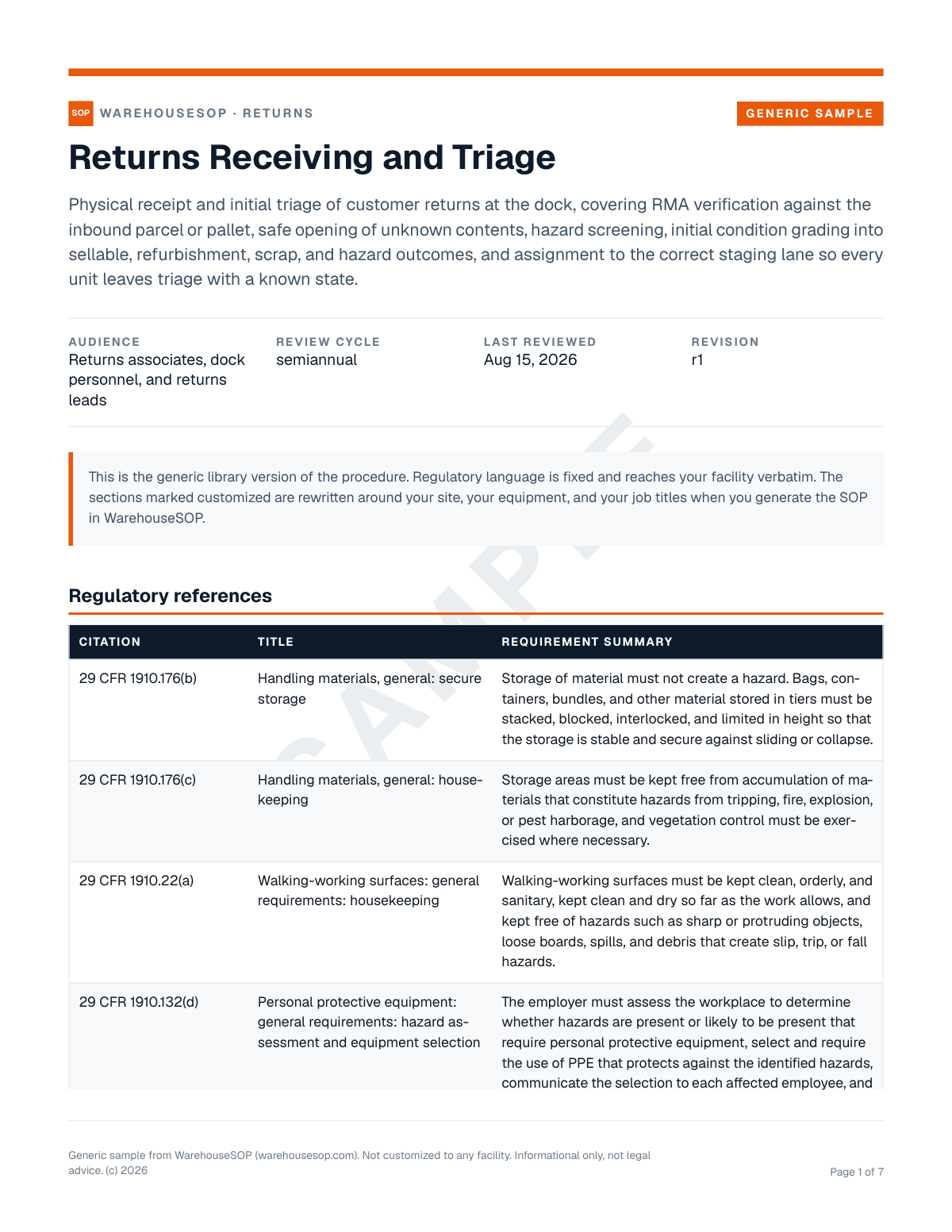 Returns Receiving and Triage SOP template, page 1 preview