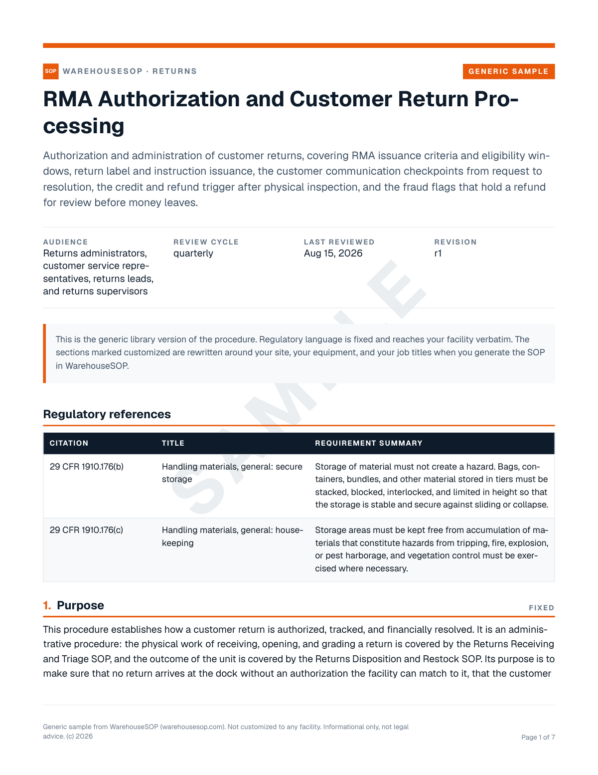 RMA Authorization and Customer Return Processing SOP template, page 1 preview