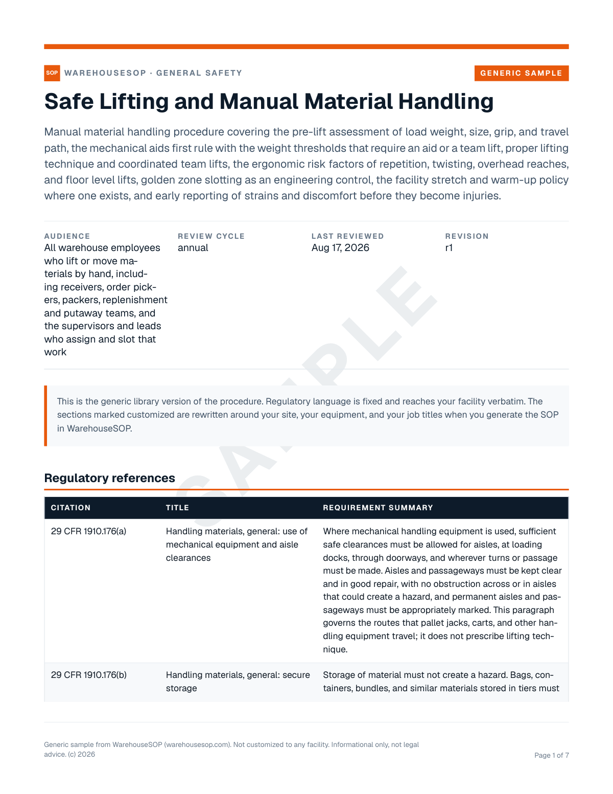 Safe Lifting and Manual Material Handling SOP template, page 1 preview
