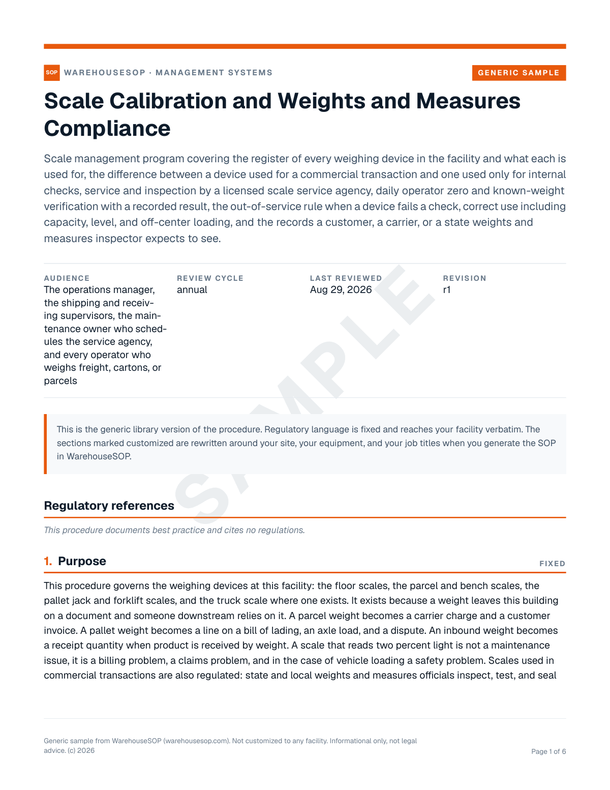 Scale Calibration and Weights and Measures Compliance SOP template, page 1 preview