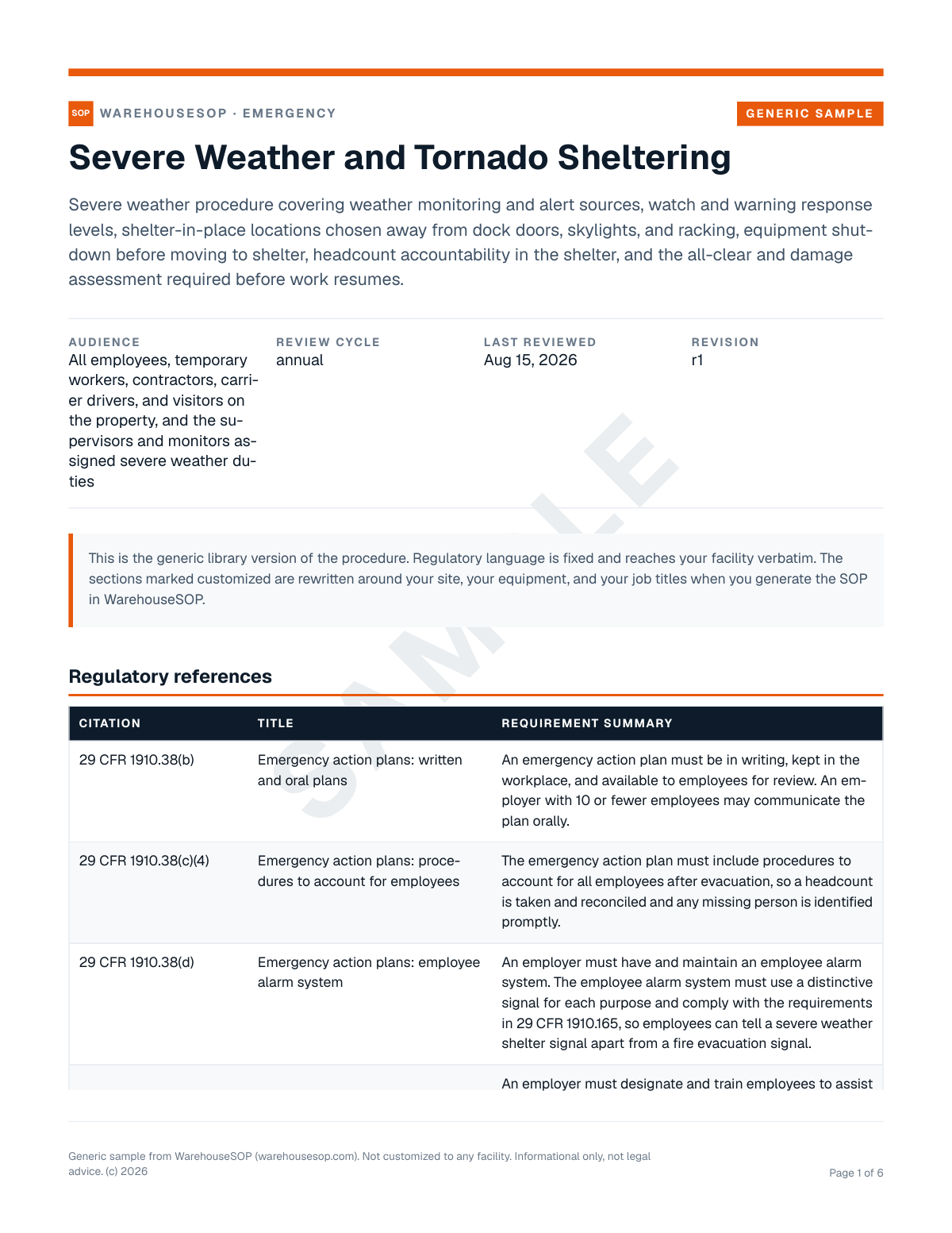 Severe Weather and Tornado Sheltering SOP template, page 1 preview