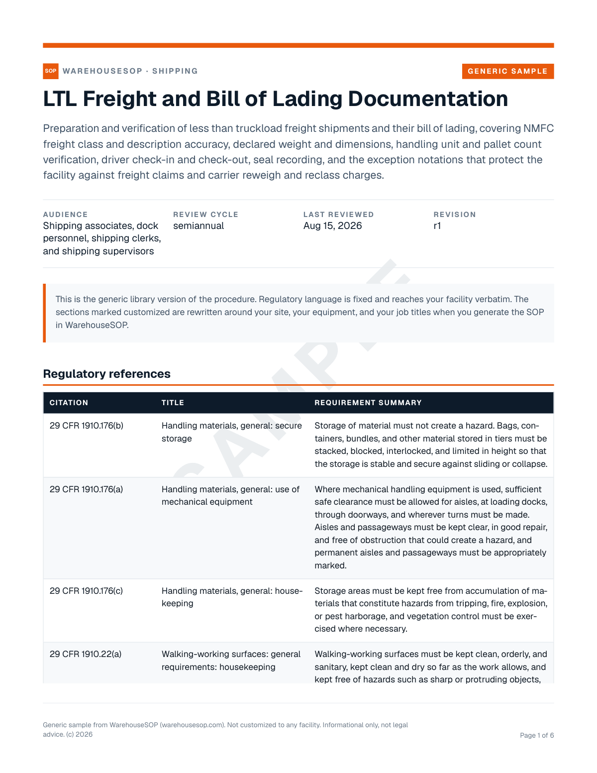 LTL Freight and Bill of Lading Documentation SOP template, page 1 preview