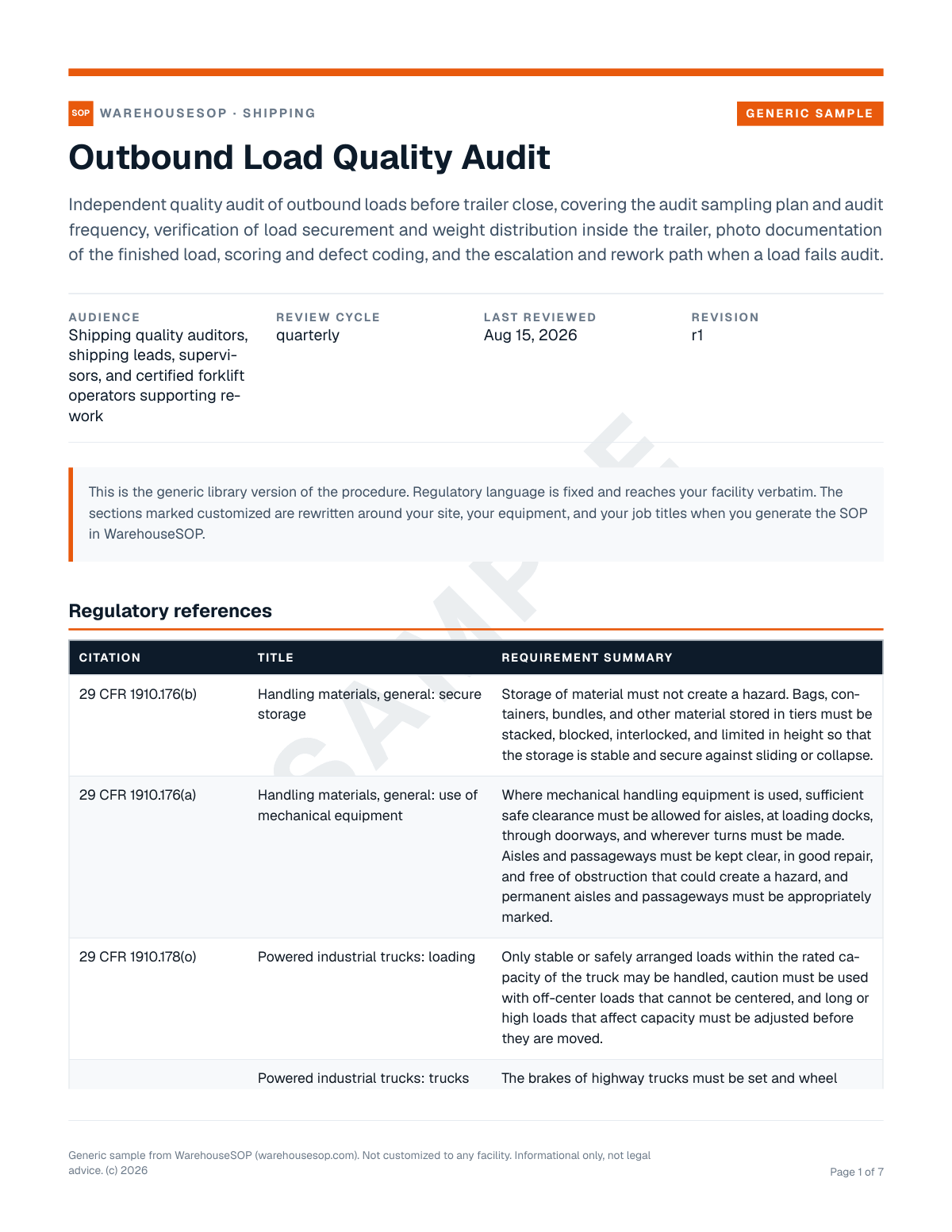 Outbound Load Quality Audit SOP template, page 1 preview
