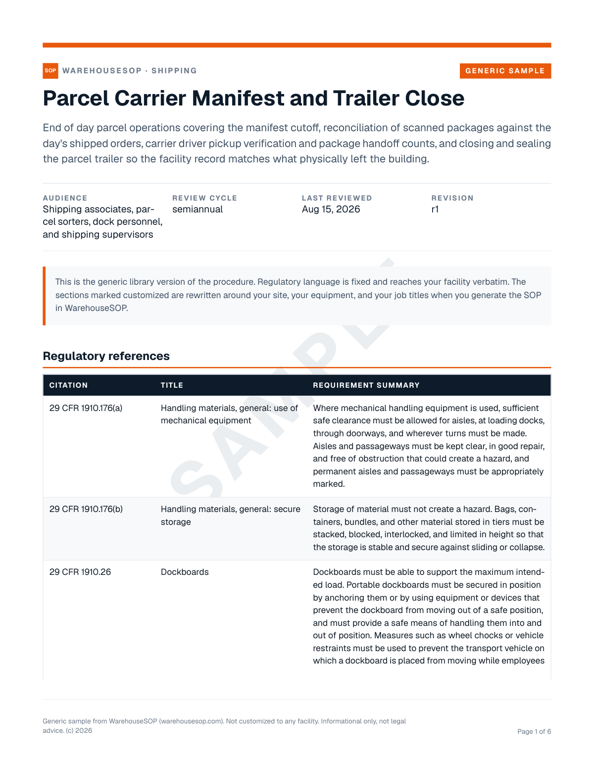 Parcel Carrier Manifest and Trailer Close SOP template, page 1 preview