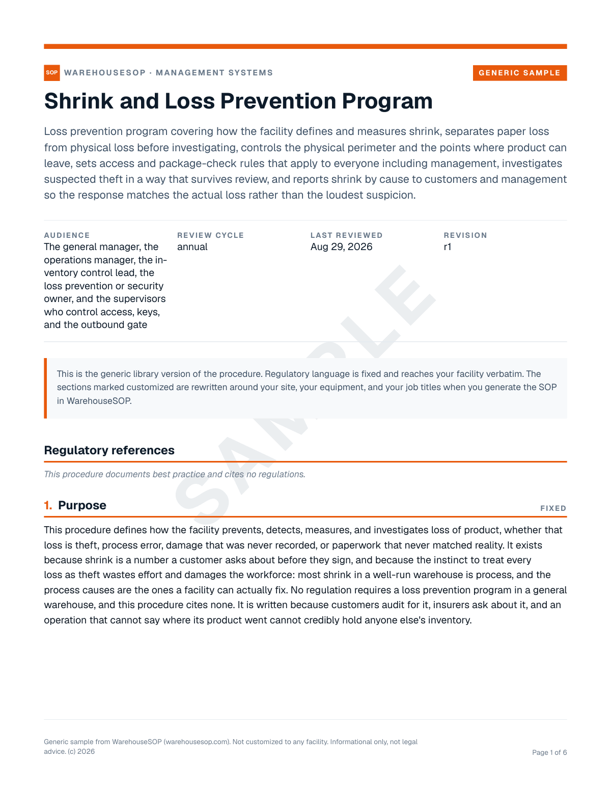 Shrink and Loss Prevention Program SOP template, page 1 preview