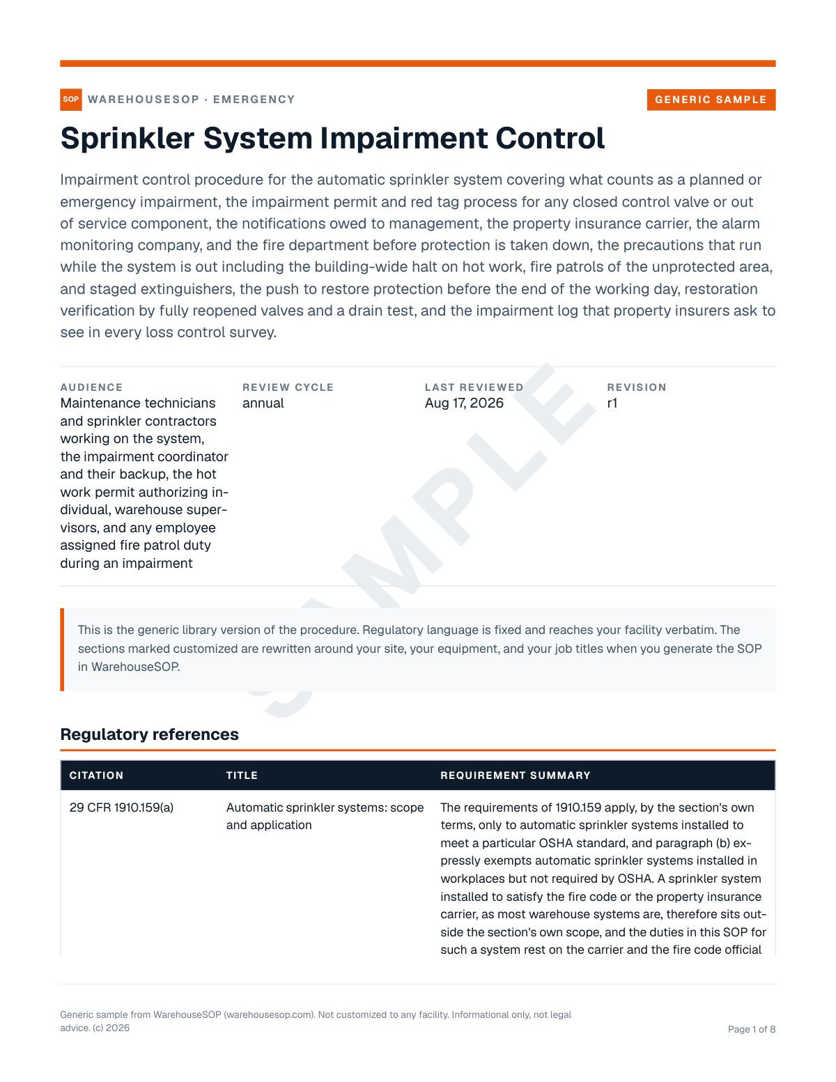 Sprinkler System Impairment Control SOP template, page 1 preview