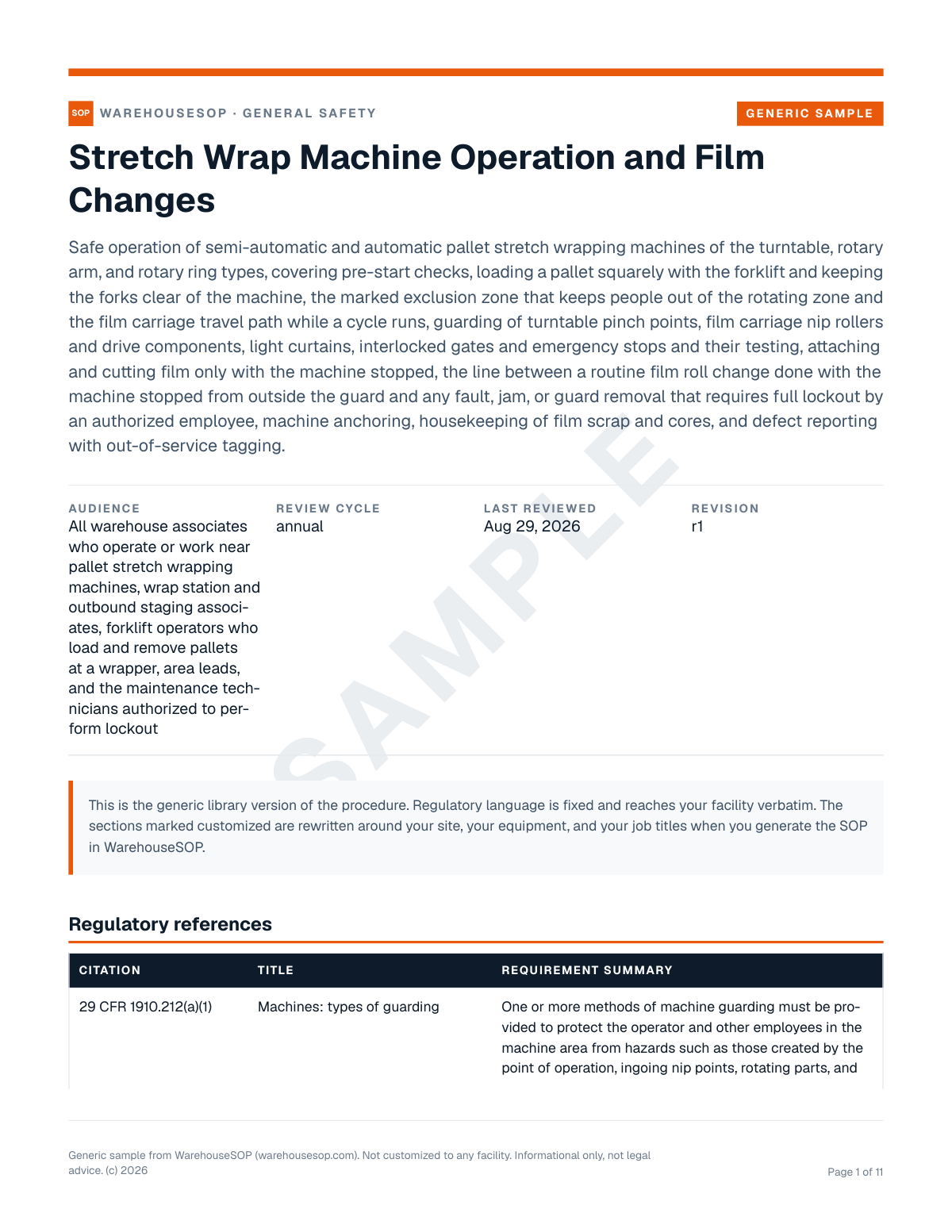 Stretch Wrap Machine Operation and Film Changes SOP template, page 1 preview