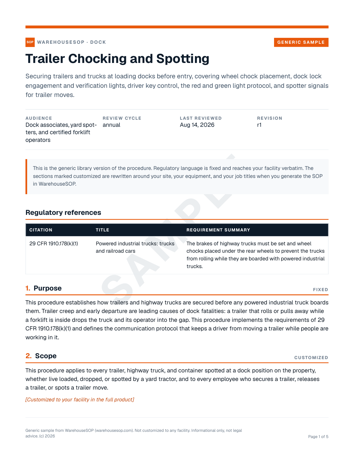 Trailer Chocking and Spotting SOP template, page 1 preview
