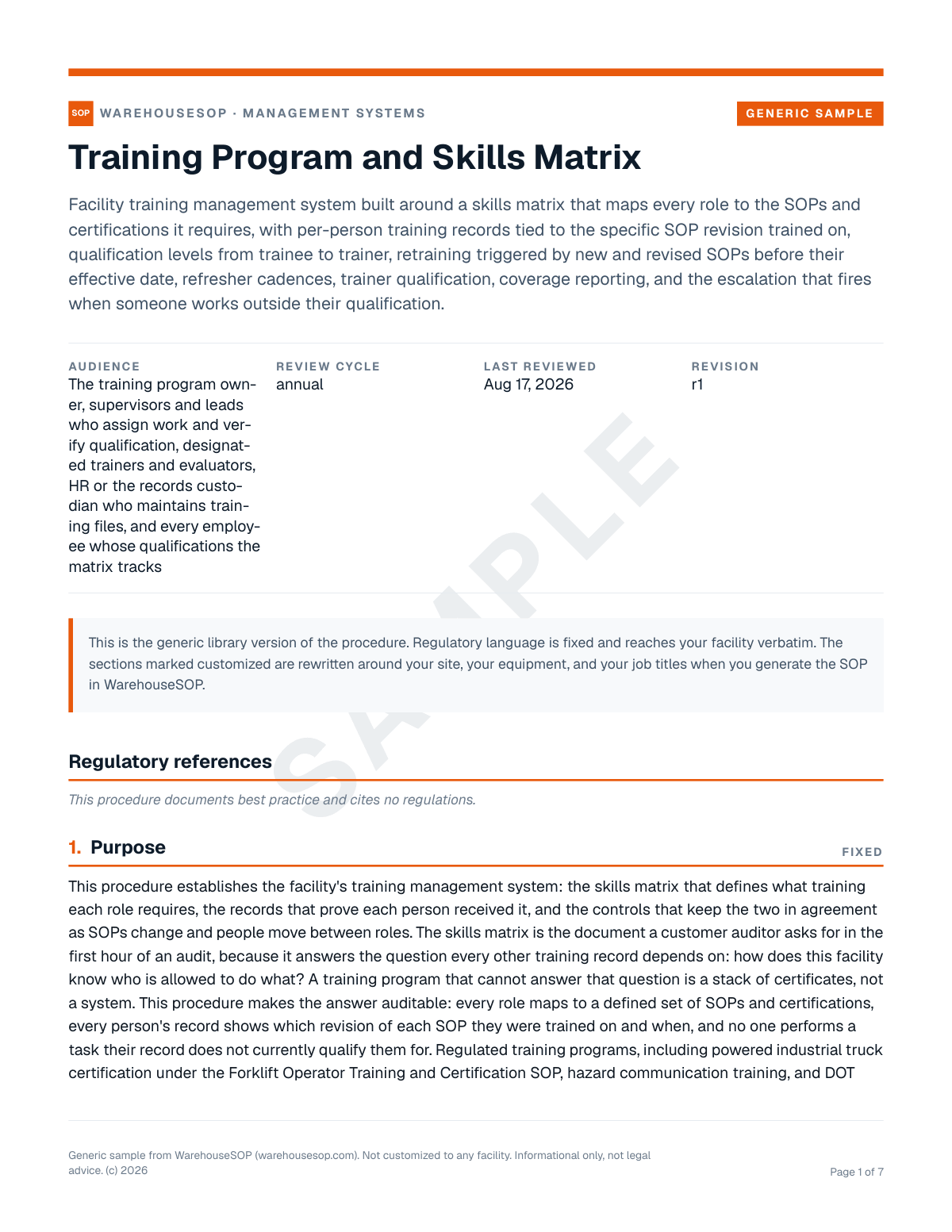 Training Program and Skills Matrix SOP template, page 1 preview