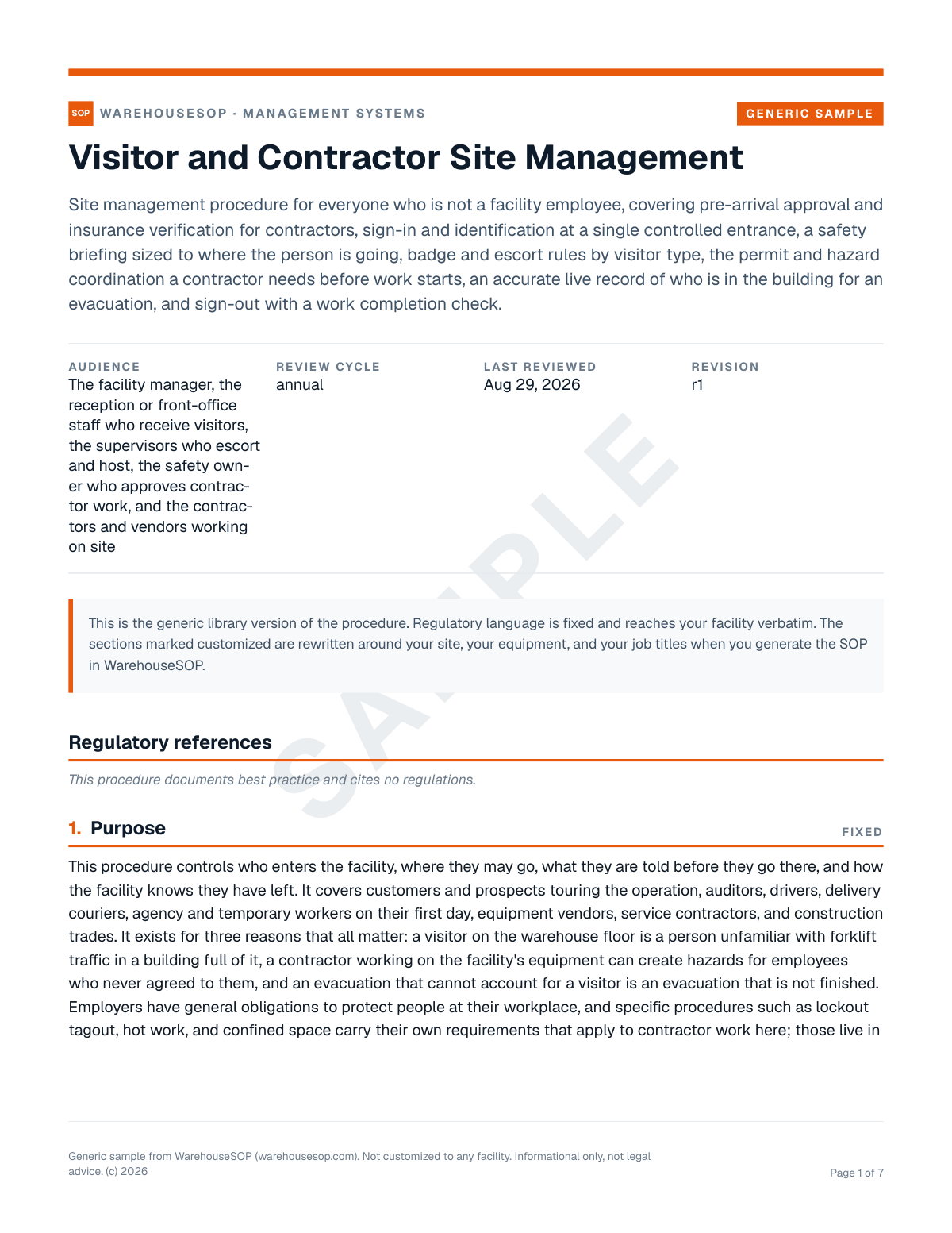 Visitor and Contractor Site Management SOP template, page 1 preview