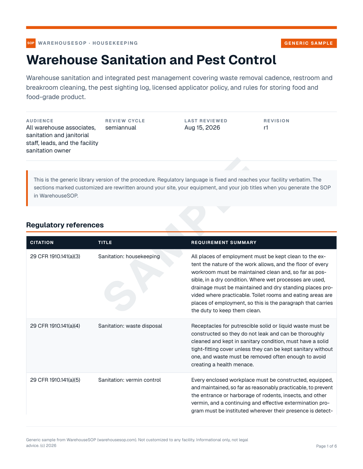 Warehouse Sanitation and Pest Control SOP template, page 1 preview