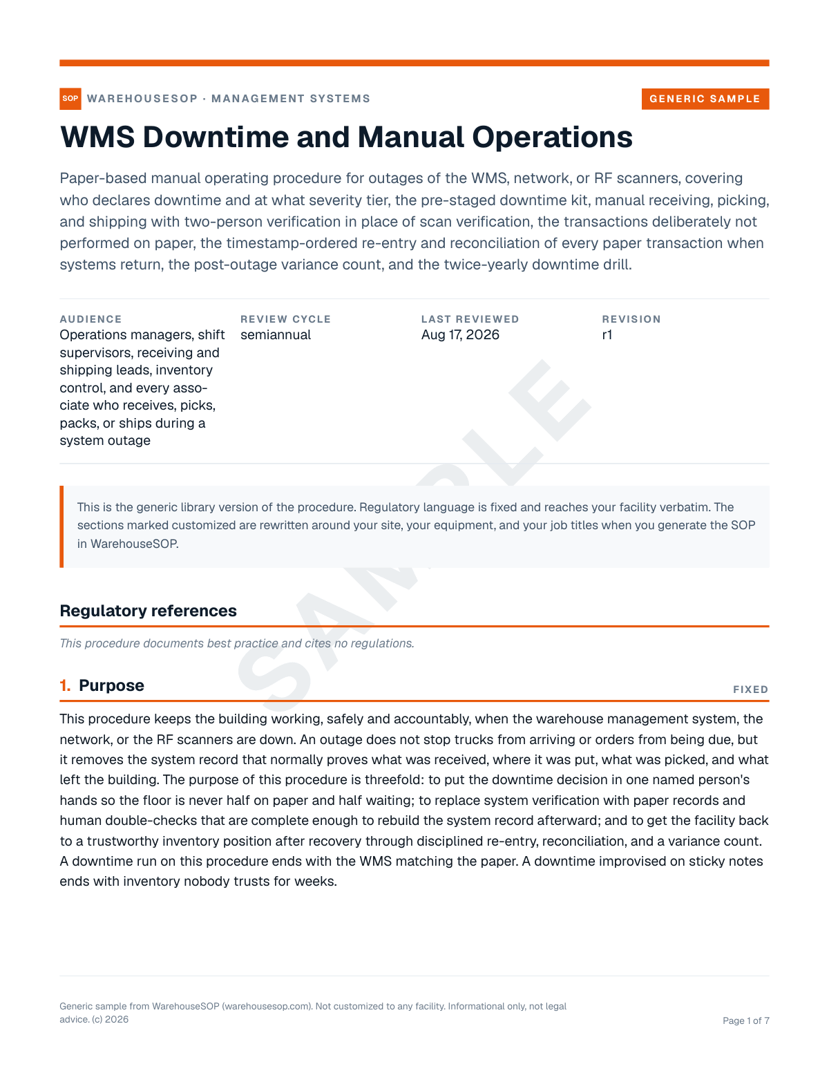 WMS Downtime and Manual Operations SOP template, page 1 preview